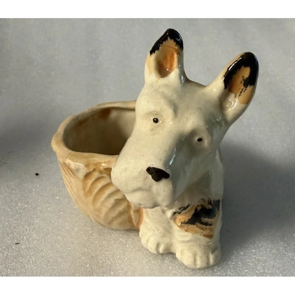Vintage Occupied Japan Scottie Dog Planter Ceramic Terrier Basket 1945-1952